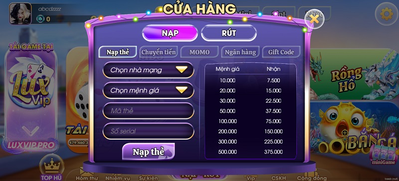 Nạp tiền vào tài khoản game chính chủ để bắt đầu tận hưởng cuộc vui