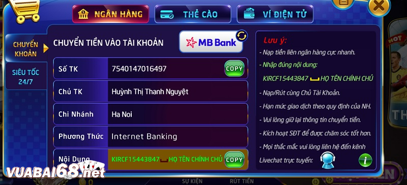 Chọn lựa 1 trong các phương thức thanh toán nạp tiền