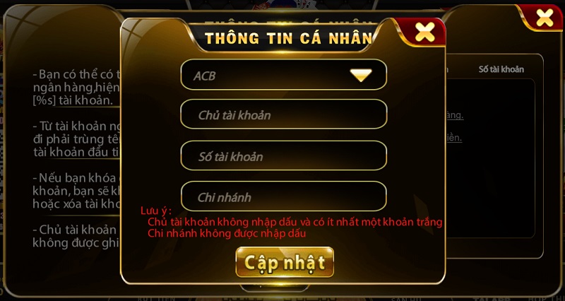 Khai báo thông tin tài khoản ngân hàng cá nhân để nhận tiền thưởng